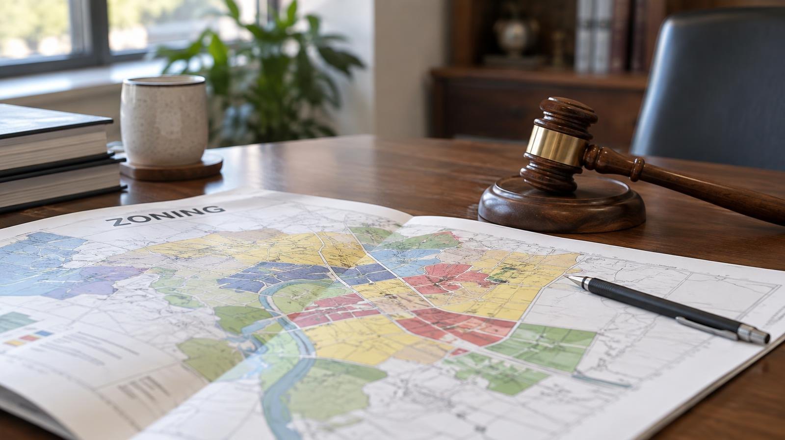 A zoning map open on a table beside a wooden gavel and pencil.