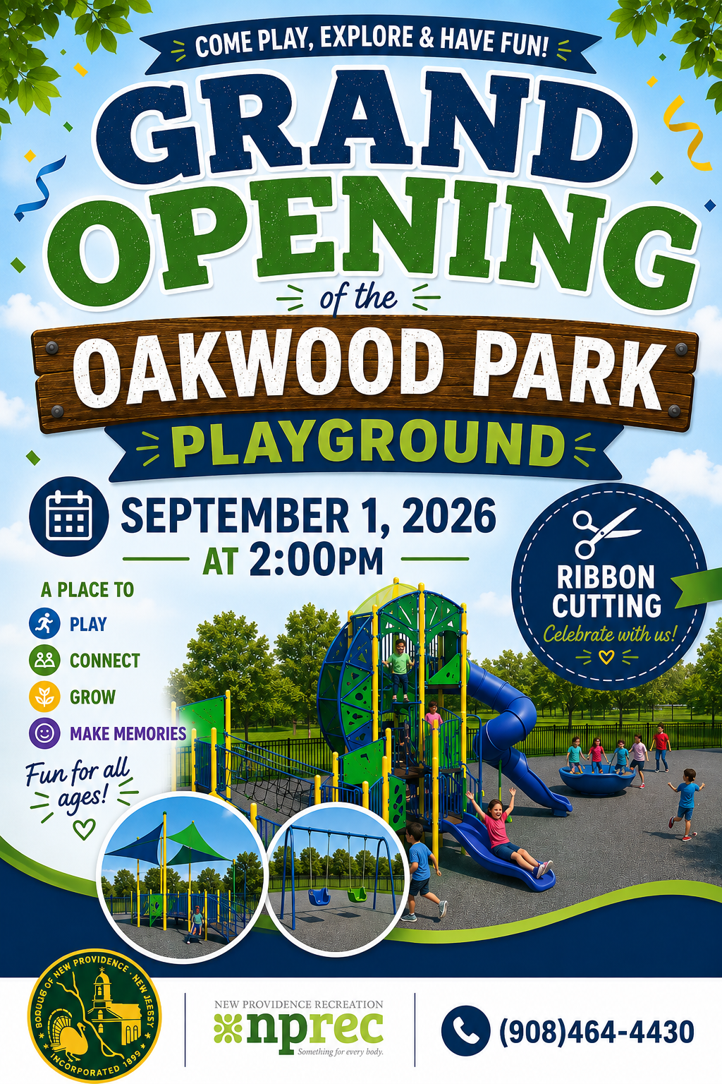 Event flyer announcing the grand opening of Oakwood Park Playground on September 1.