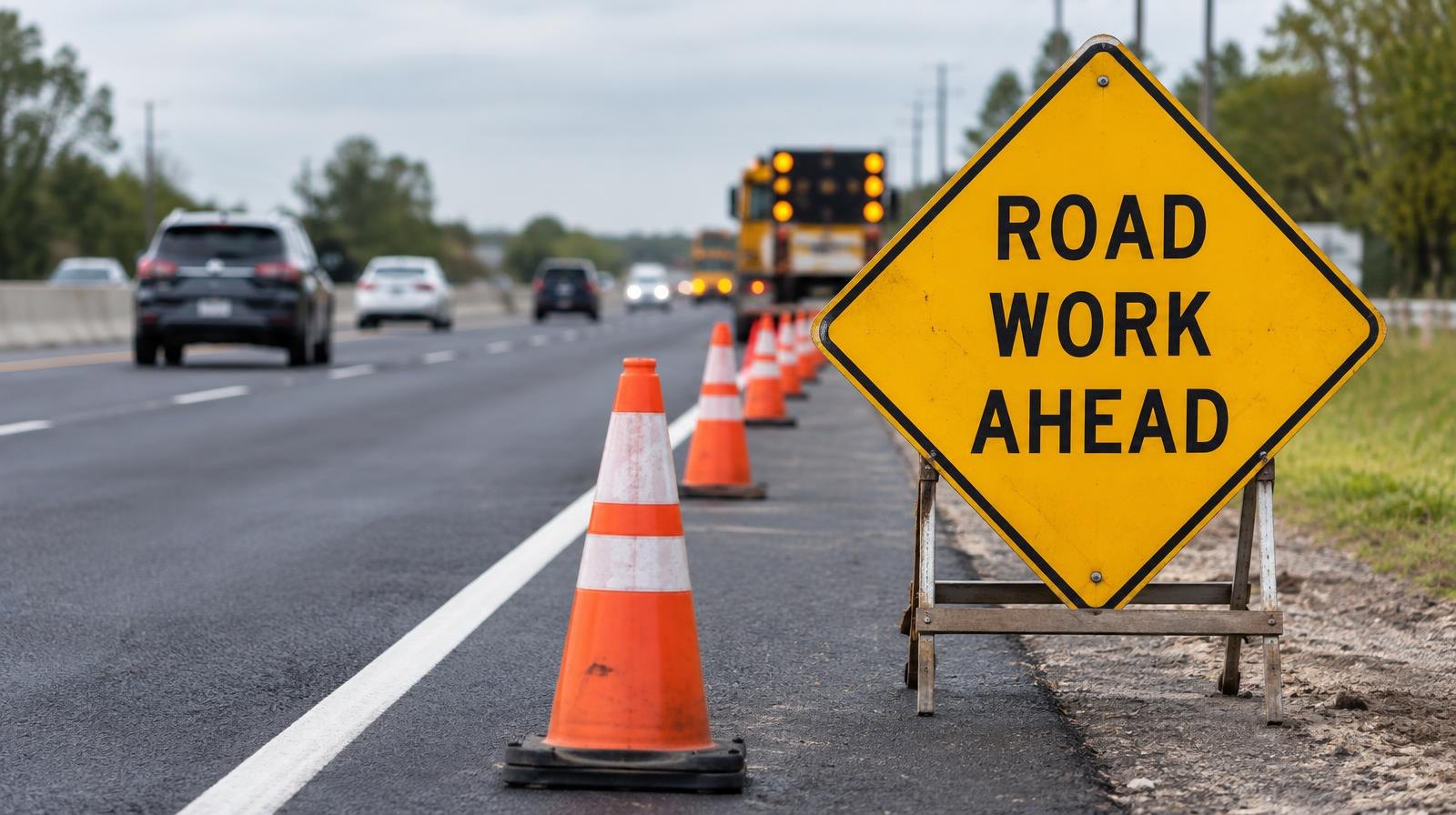 Orange traffic cones line a freshly paved highway lane beside a road work sign.