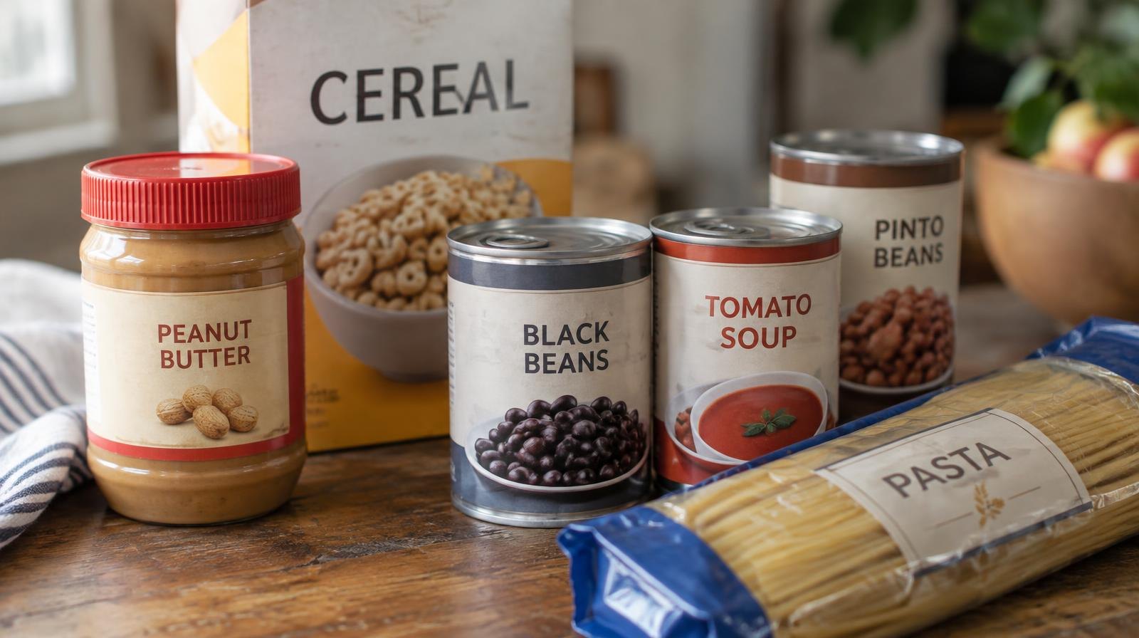 Canned goods, peanut butter, pasta, and boxed cereal arranged on a wooden surface.