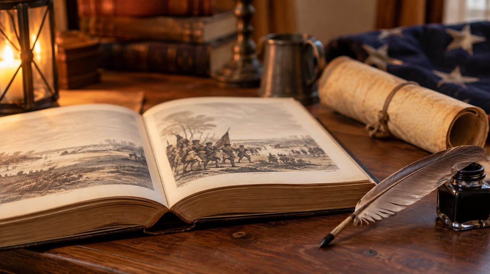 Open hardcover book beside a quill pen and parchment scroll on a wooden table.