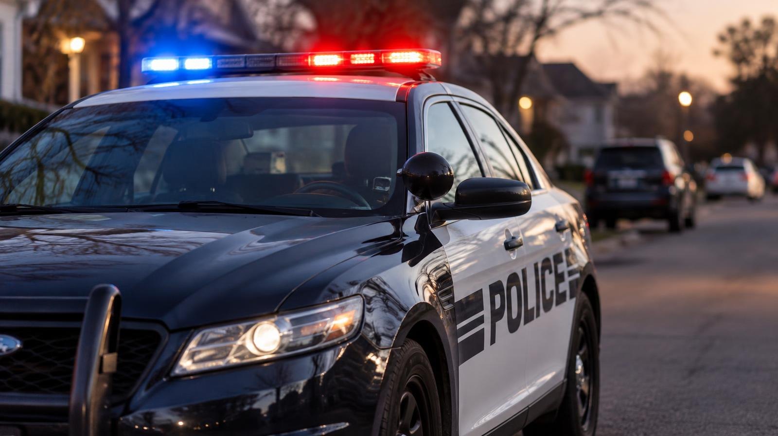 A police patrol car with an emergency light bar parked on a quiet suburban street at dusk.