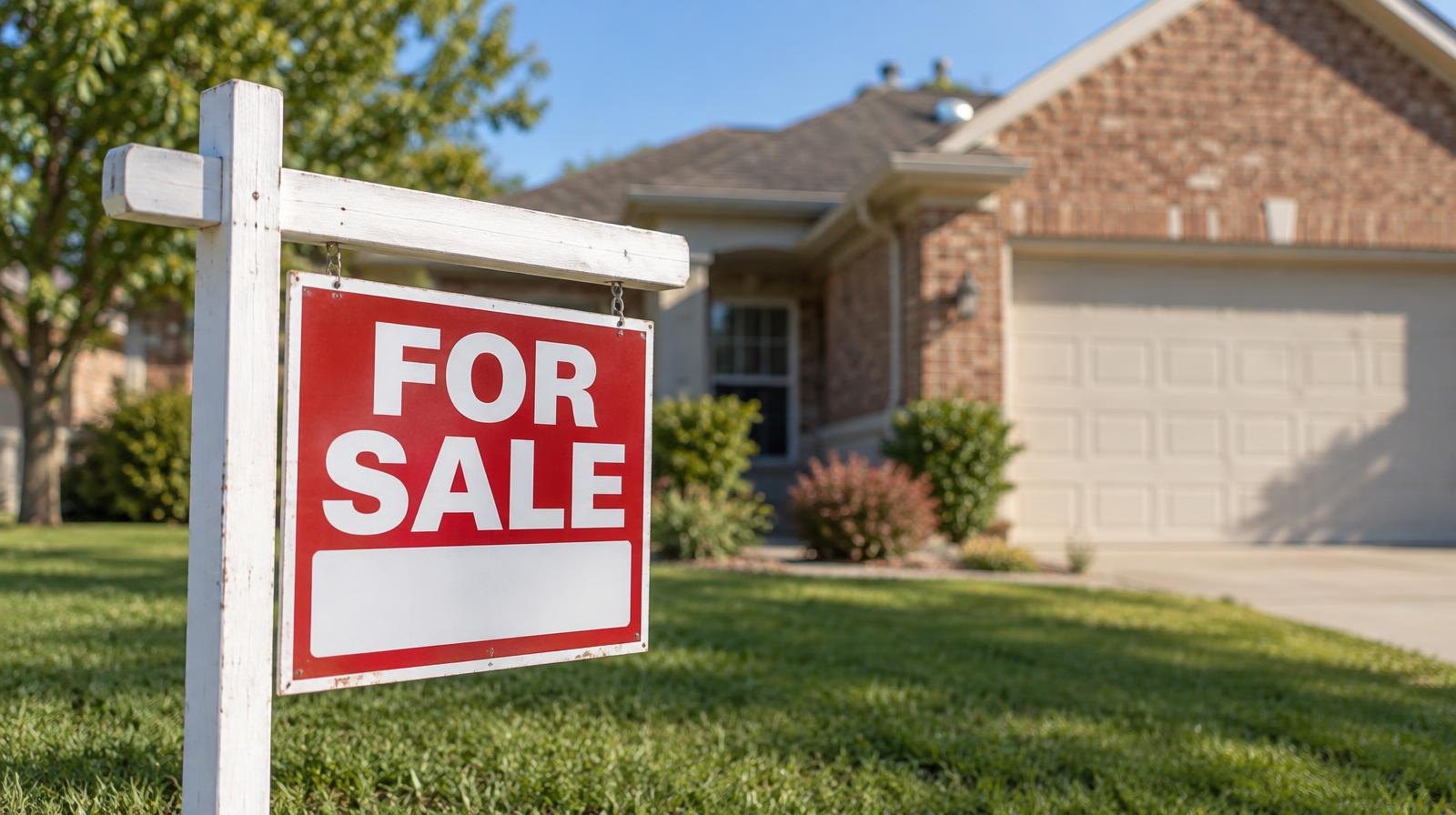 A For Sale sign planted in the front lawn of a brick suburban home with a two-car garage.