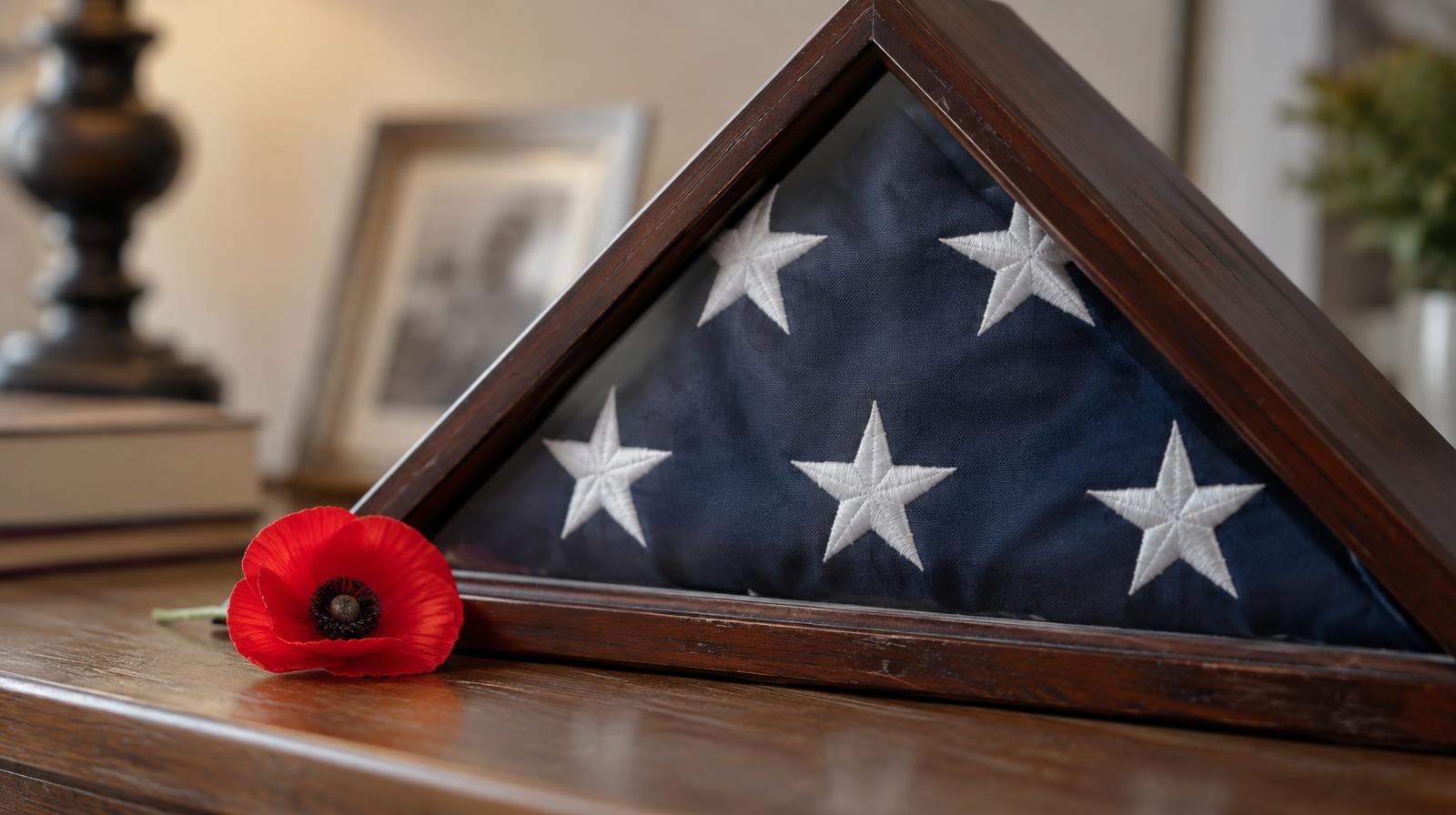 Folded American flag in a triangular case with a red poppy on a wooden surface.