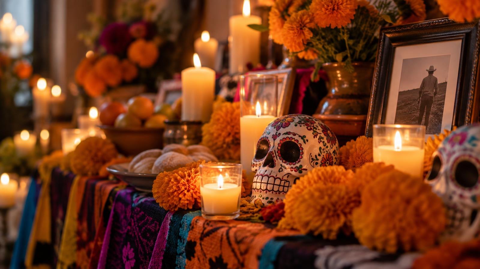 A decorated altar with marigold flowers, candles, and sugar skulls in warm candlelight.