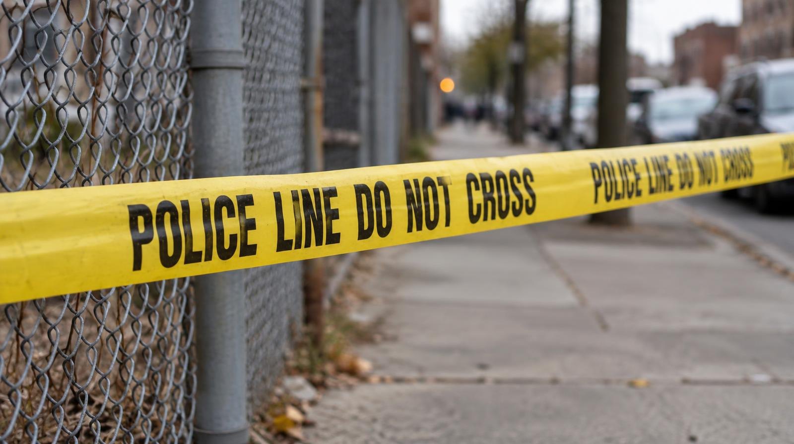 Yellow crime scene tape stretched across a sidewalk in front of a chain-link fence.