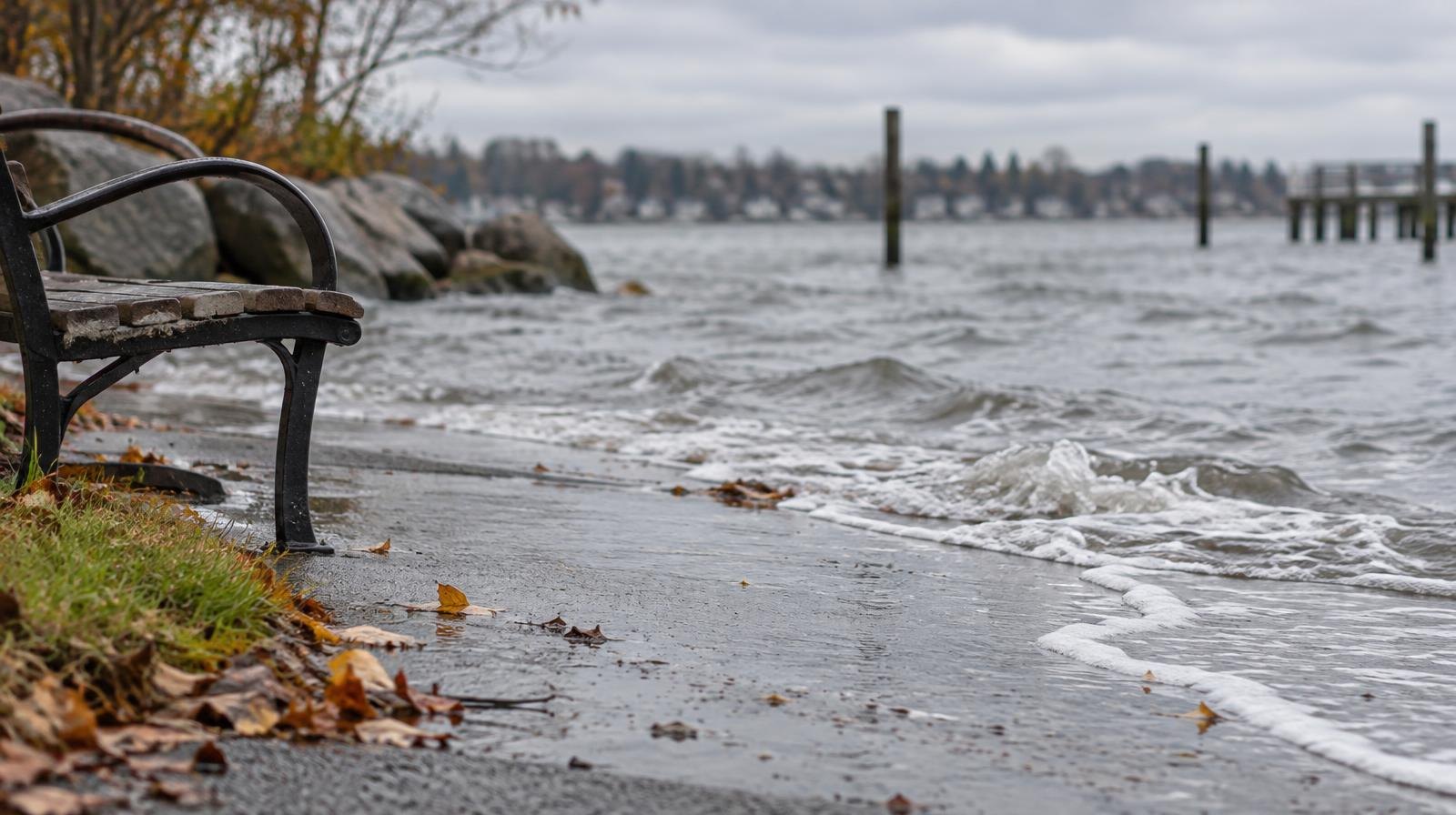 Bay water spilling over the edge of a paved shoreline trail under grey skies.