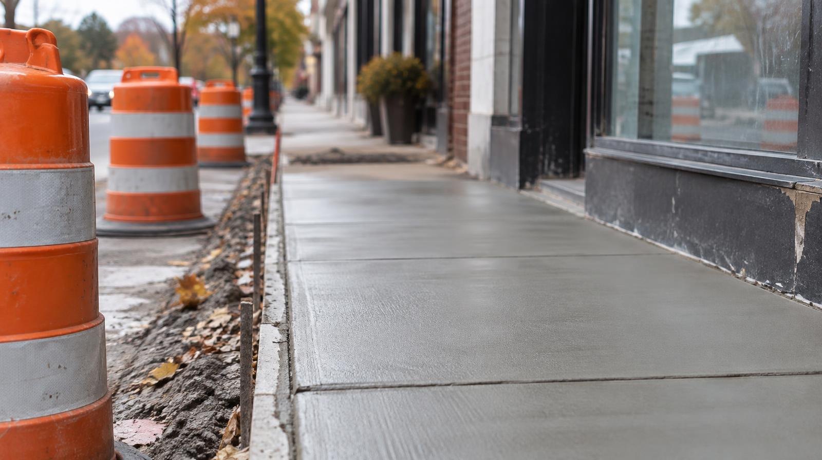 Orange construction barrels beside a fresh concrete sidewalk panel on a commercial street.
