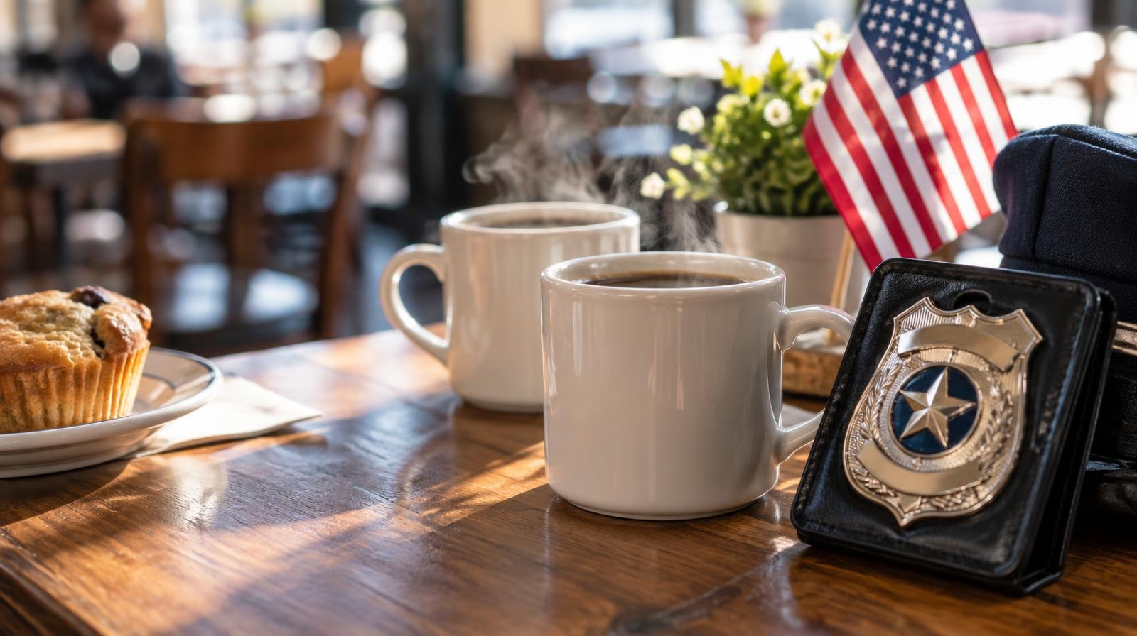 Two steaming coffee cups on a table next to a police badge.
