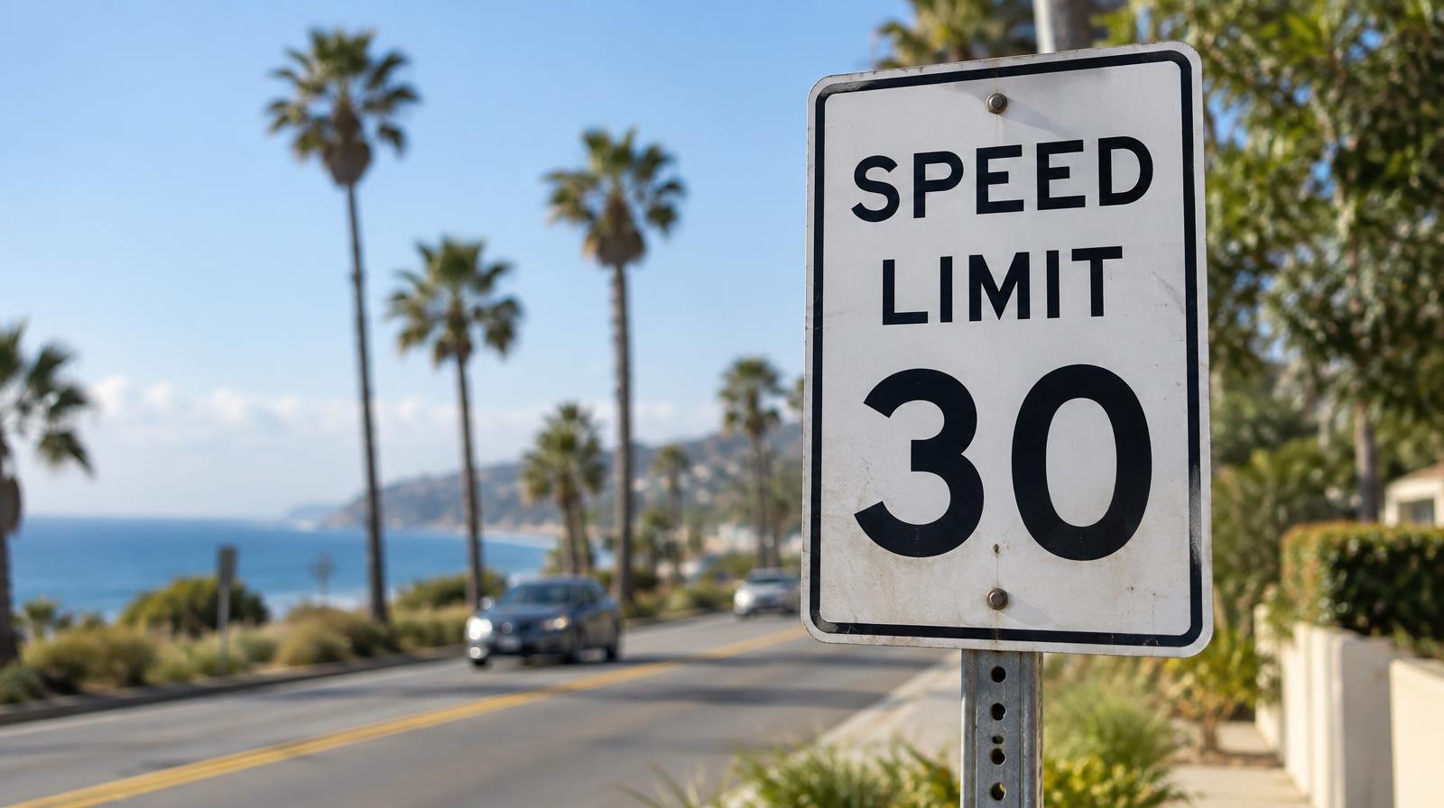 A white 30 mph speed limit sign on a metal post beside a road with palm trees.