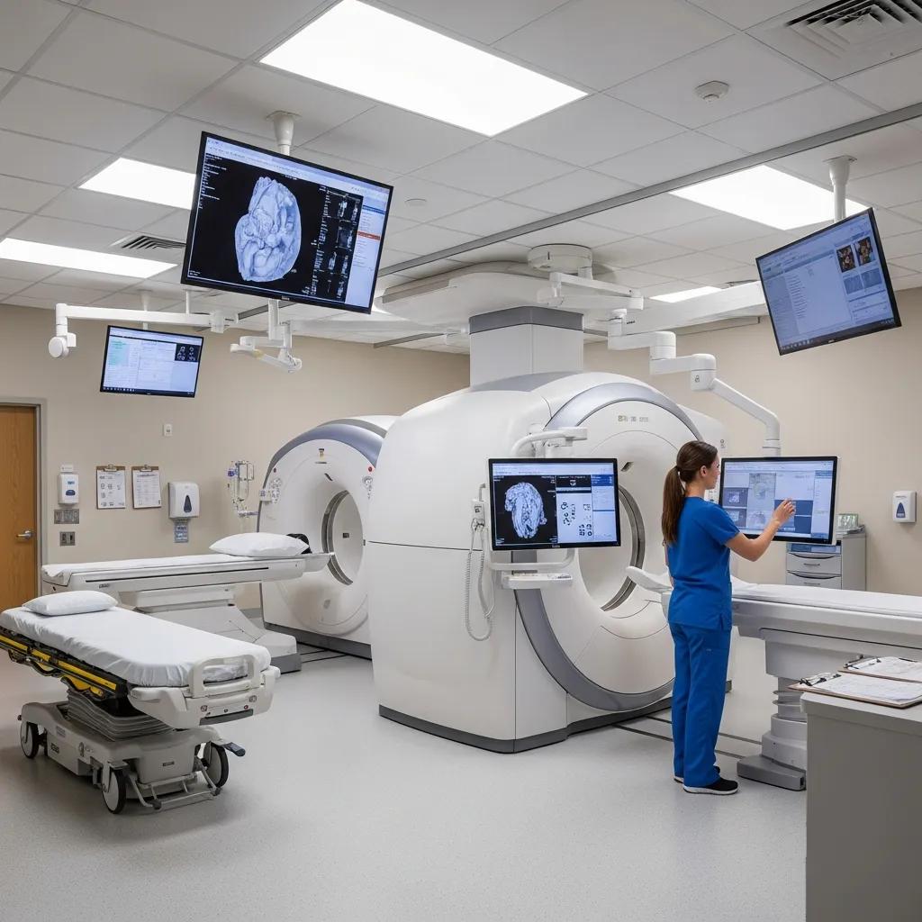 A clinician in blue scrubs operates a large white medical imaging machine while brain scans display on surrounding monitors.