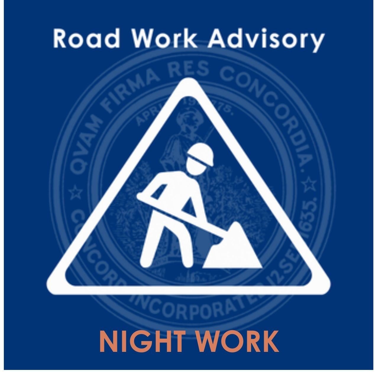 Blue graphic reading Road Work Advisory with a construction worker symbol and orange Night Work text.
