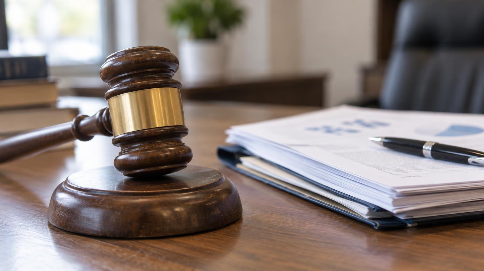 Wooden gavel on its sound block next to stacked papers and a pen on a desk.