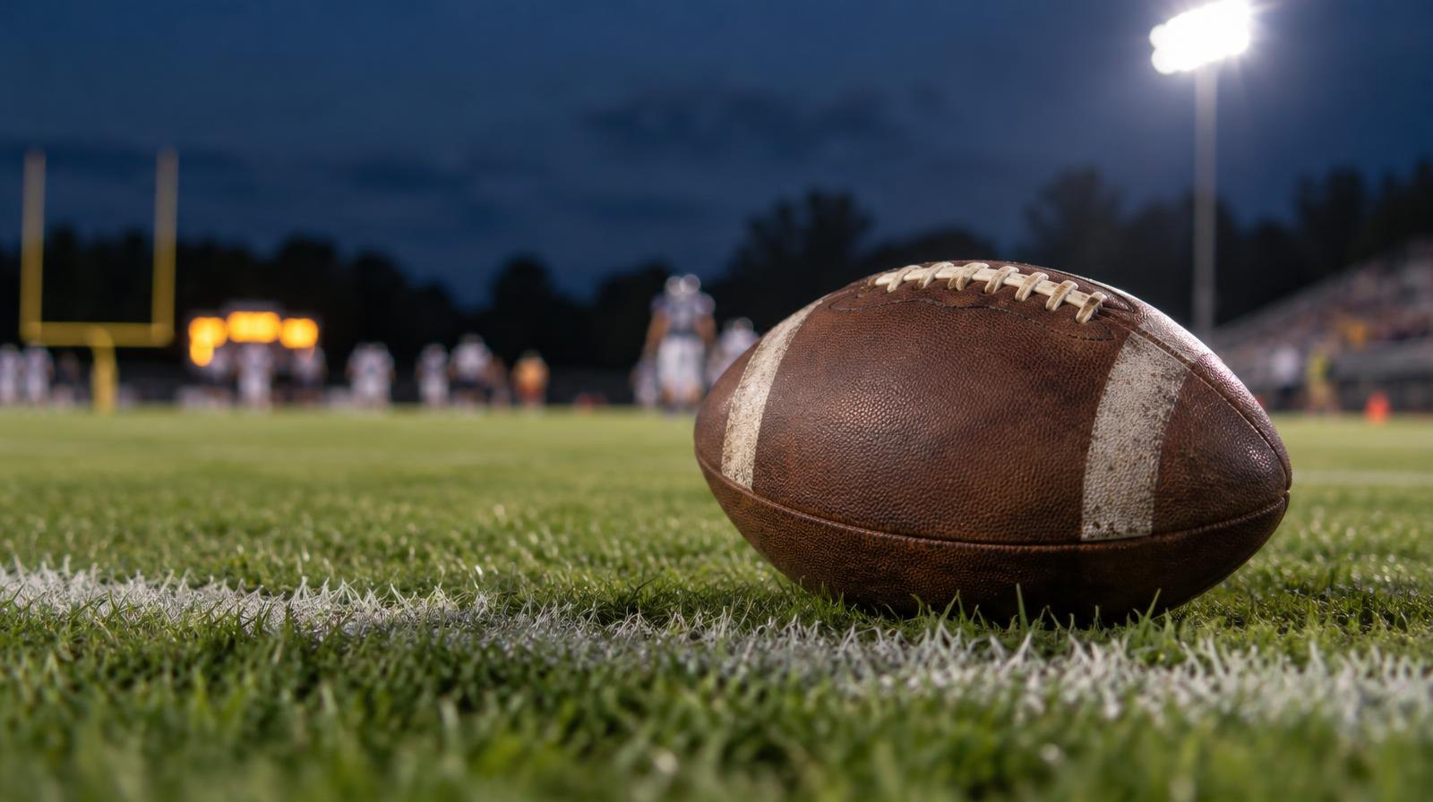 An American football resting on green grass beside a white painted yard line.