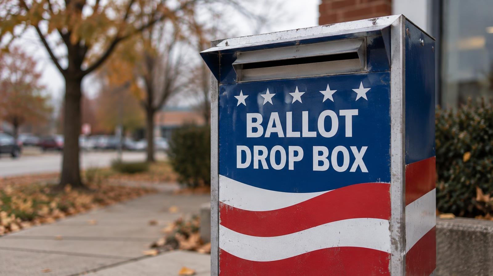 A red, white, and blue ballot drop box standing on a sidewalk outdoors.