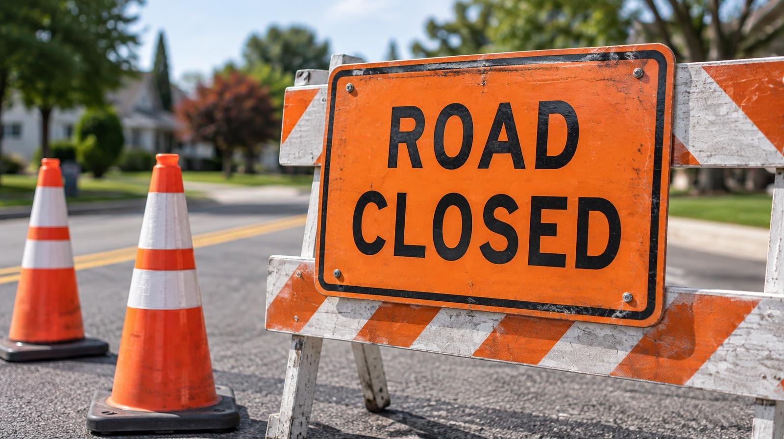 Orange Road Closed barricade sign and traffic cones blocking a suburban road on a sunny day.