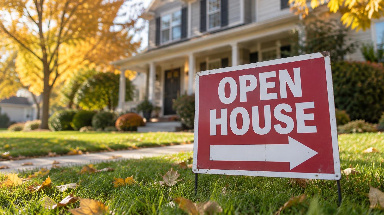 Open house sign on a lawn in front of a two-story suburban home with autumn foliage.