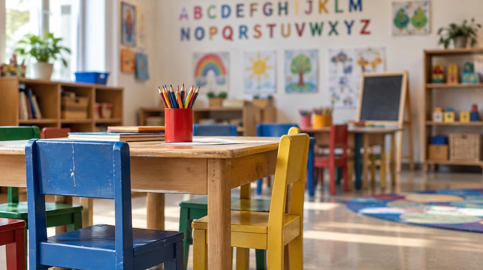 Colorful small wooden chairs and low tables arranged in an empty pre-kindergarten classroom.