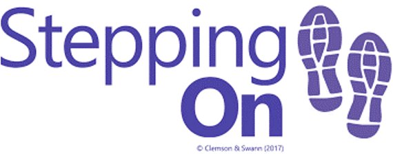 Purple wordmark reading Stepping On with two shoe-sole footprint graphics