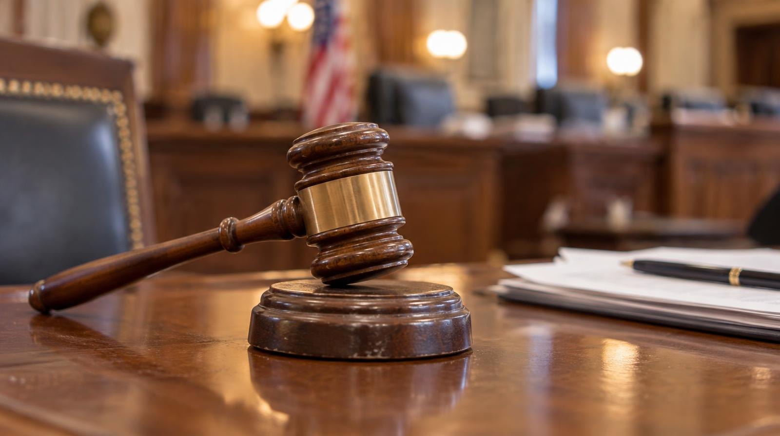 A wooden gavel resting on its sound block on a polished desk.