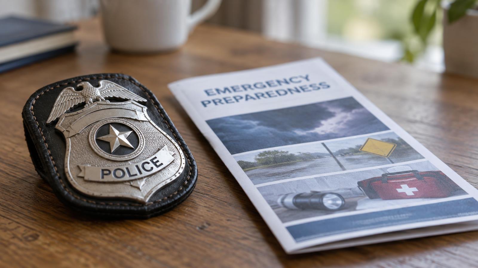 A police badge and folded brochure resting on a wooden table.