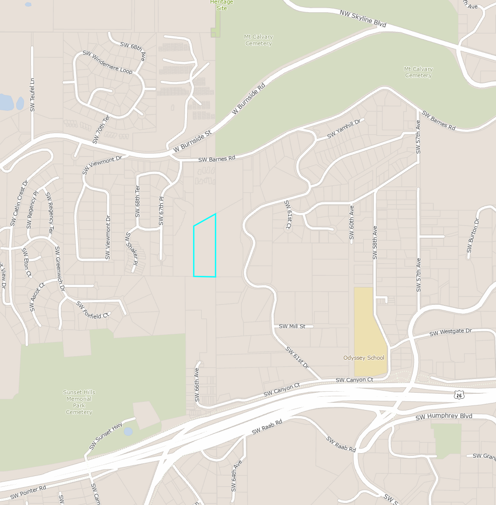 Street map highlighting a parcel near SW 61st Avenue in southwest Portland.
