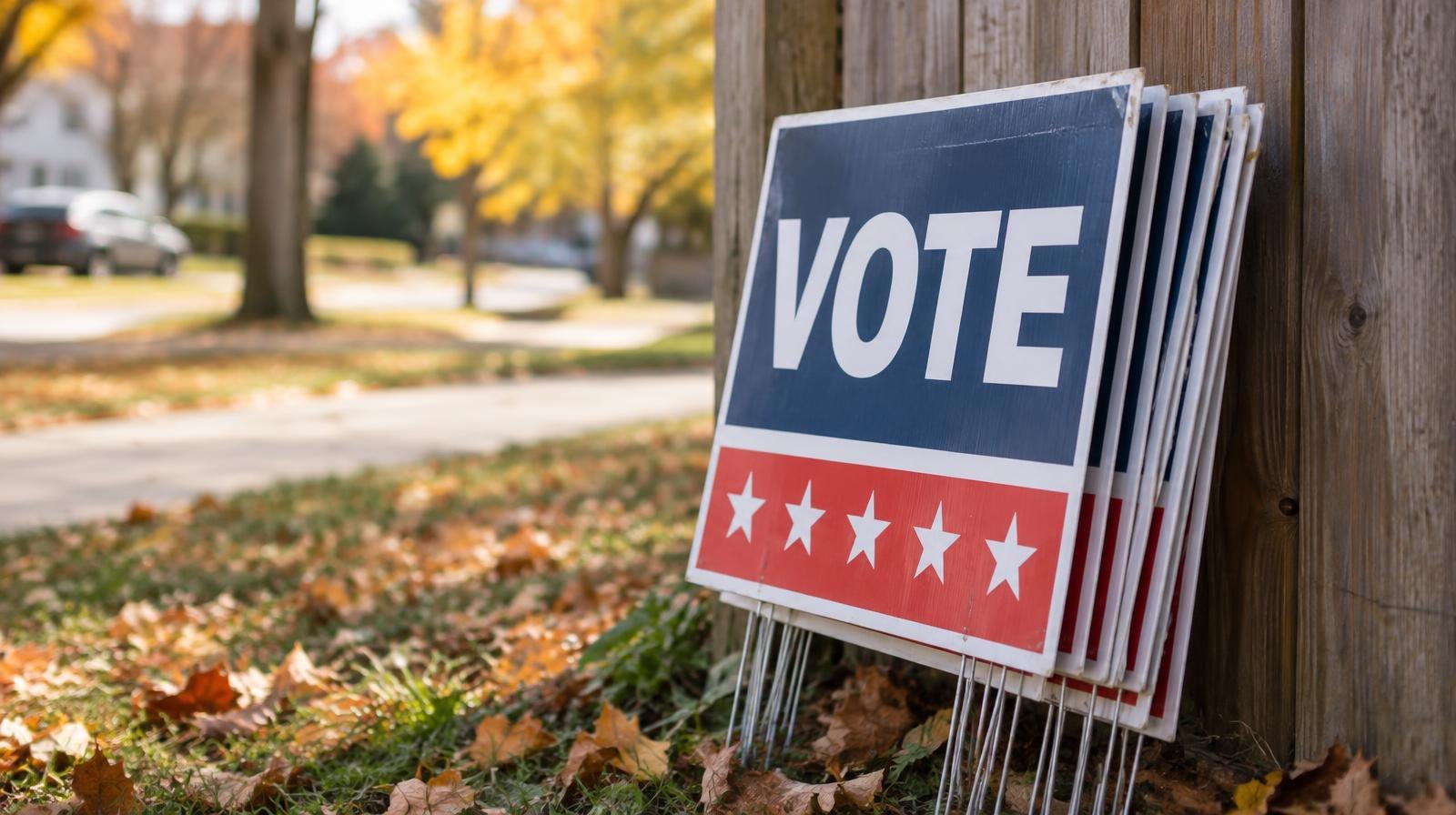 A stack of colorful campaign yard signs leaning against a wooden fence.
