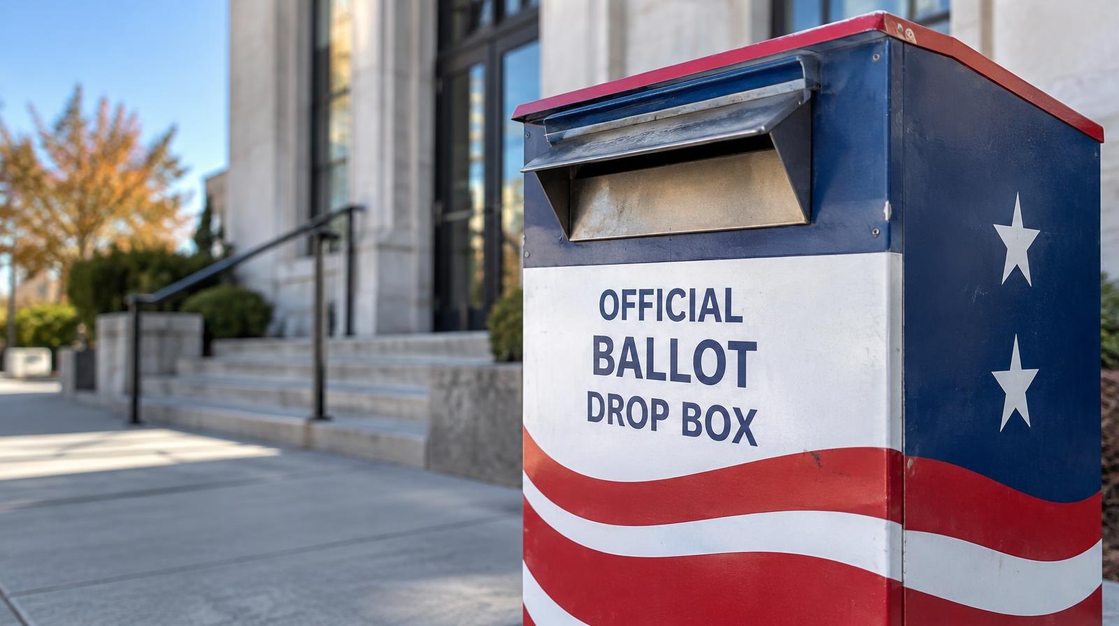 A red, white, and blue ballot drop box on a sidewalk outside a building.