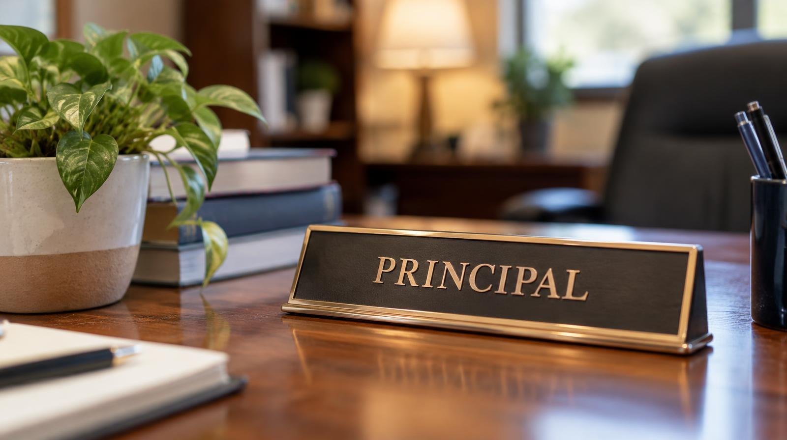 A nameplate on a wooden desk beside stacked books and a small potted plant.