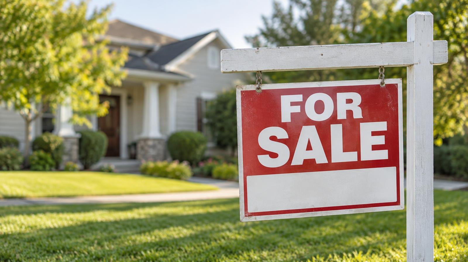 A 'For Sale' sign stands in the front lawn of a suburban single-family home.