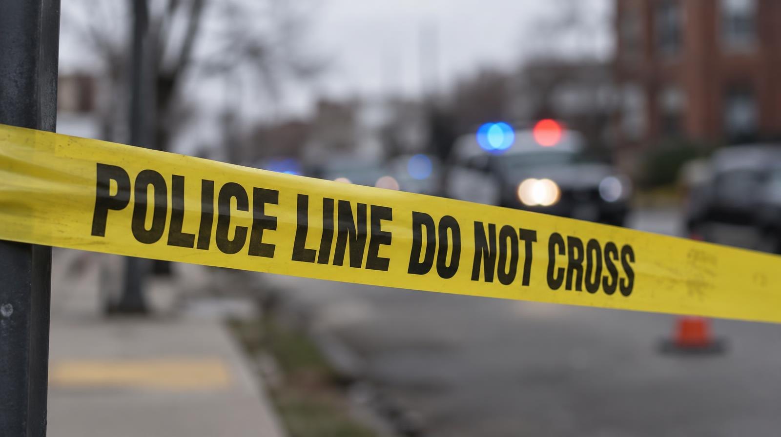 Yellow police crime scene tape stretched across an outdoor urban area.