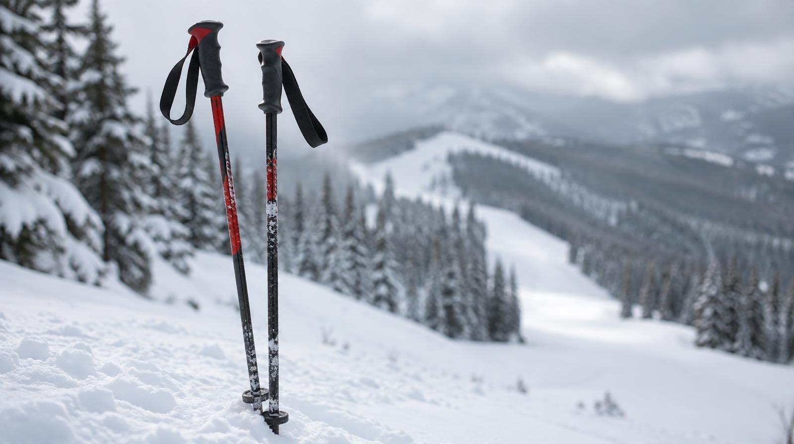 Two ski poles planted upright in deep powder snow on a mountain ski run.