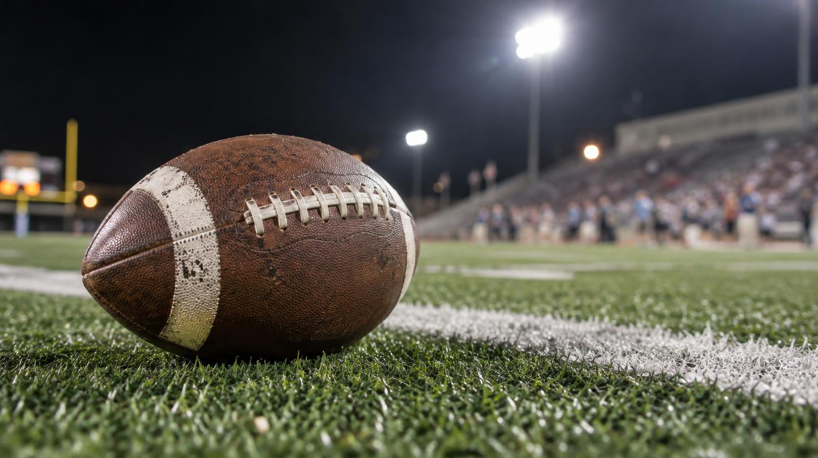 An American football resting on green artificial turf beside a white yard line under bright lights.
