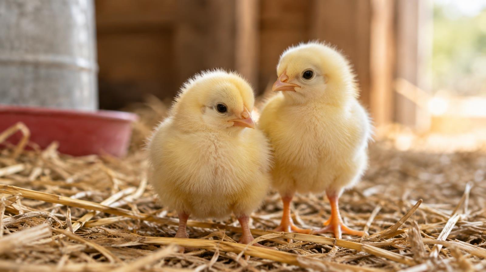 Two small yellow baby chicks standing together on straw.