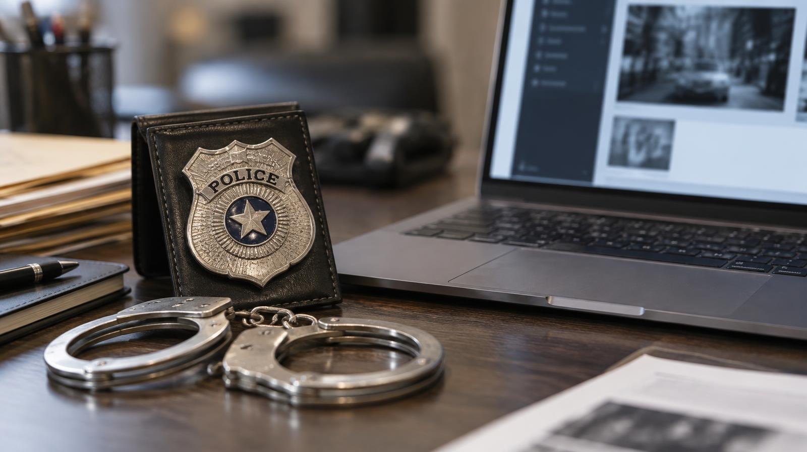 Open laptop on a desk beside a police badge and handcuffs.