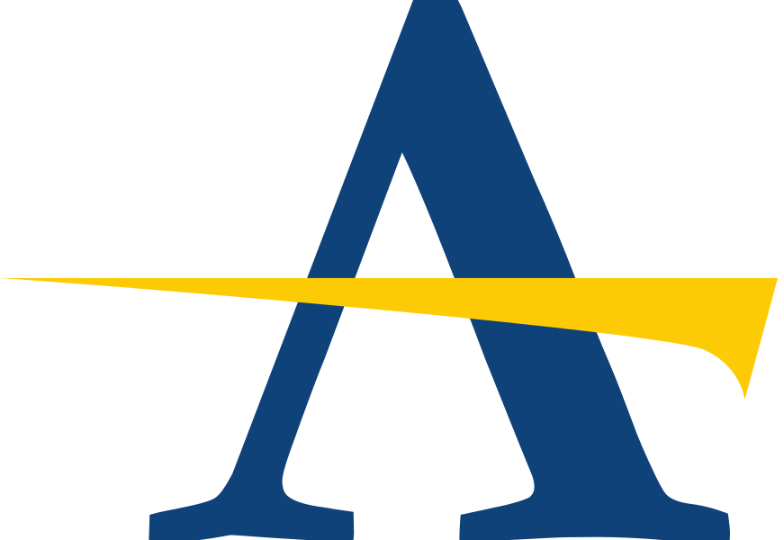 Blue letter A with a gold diagonal swoosh, the A-train commuter rail logo.