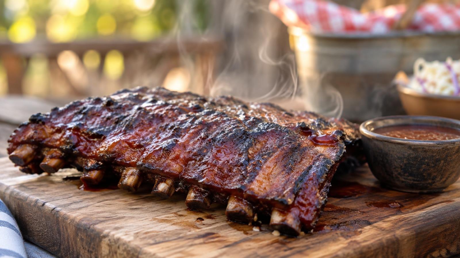 Rack of smoked barbecue ribs on a wooden cutting board with sauce.