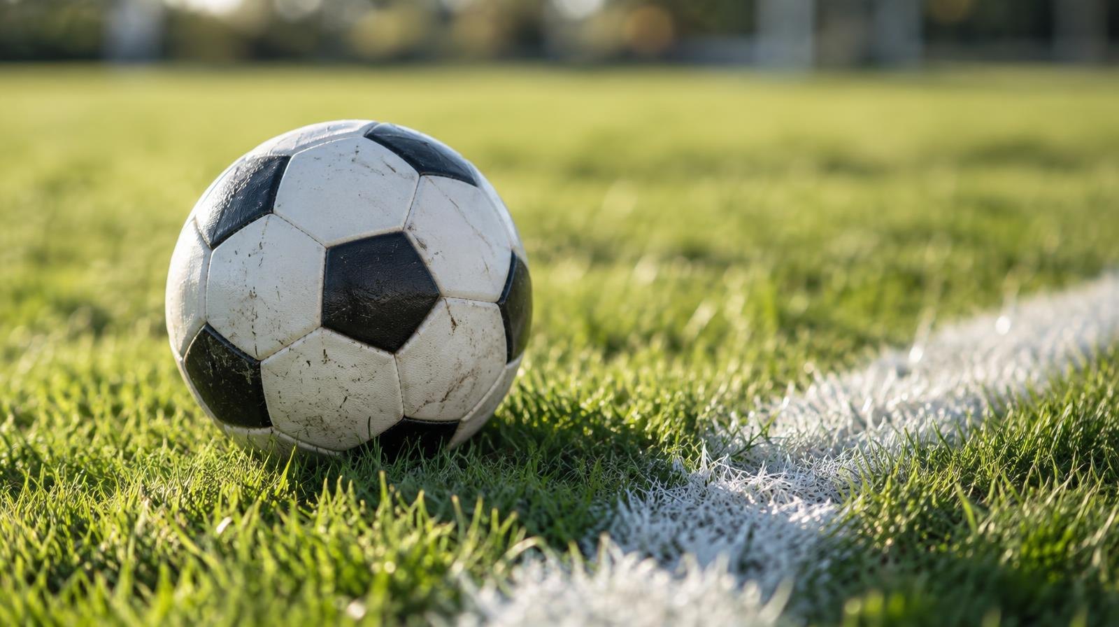 A black-and-white soccer ball resting on a green grass field beside a white sideline.