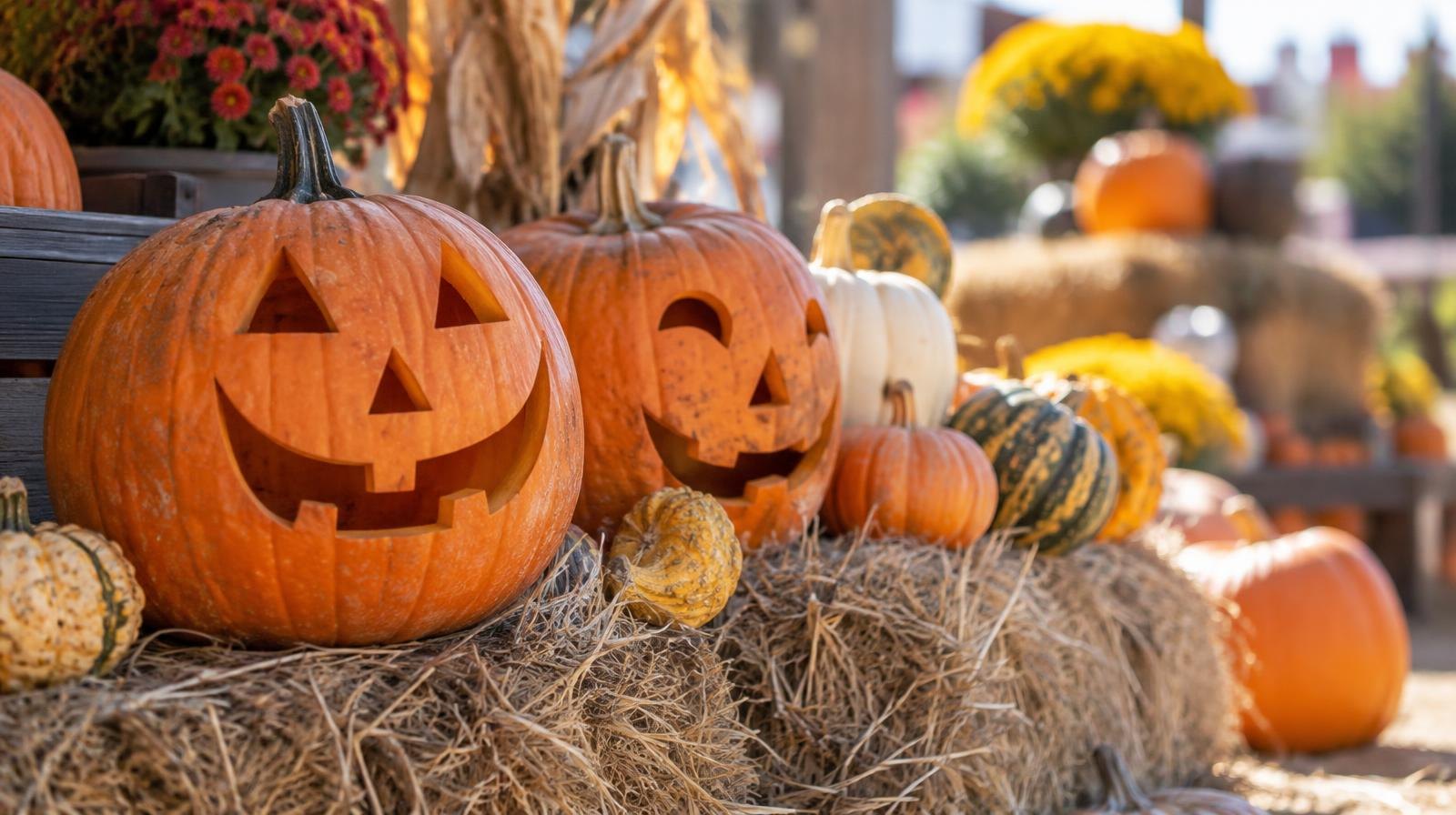 Colorful carved pumpkins and gourds arranged on hay bales in warm autumn light.