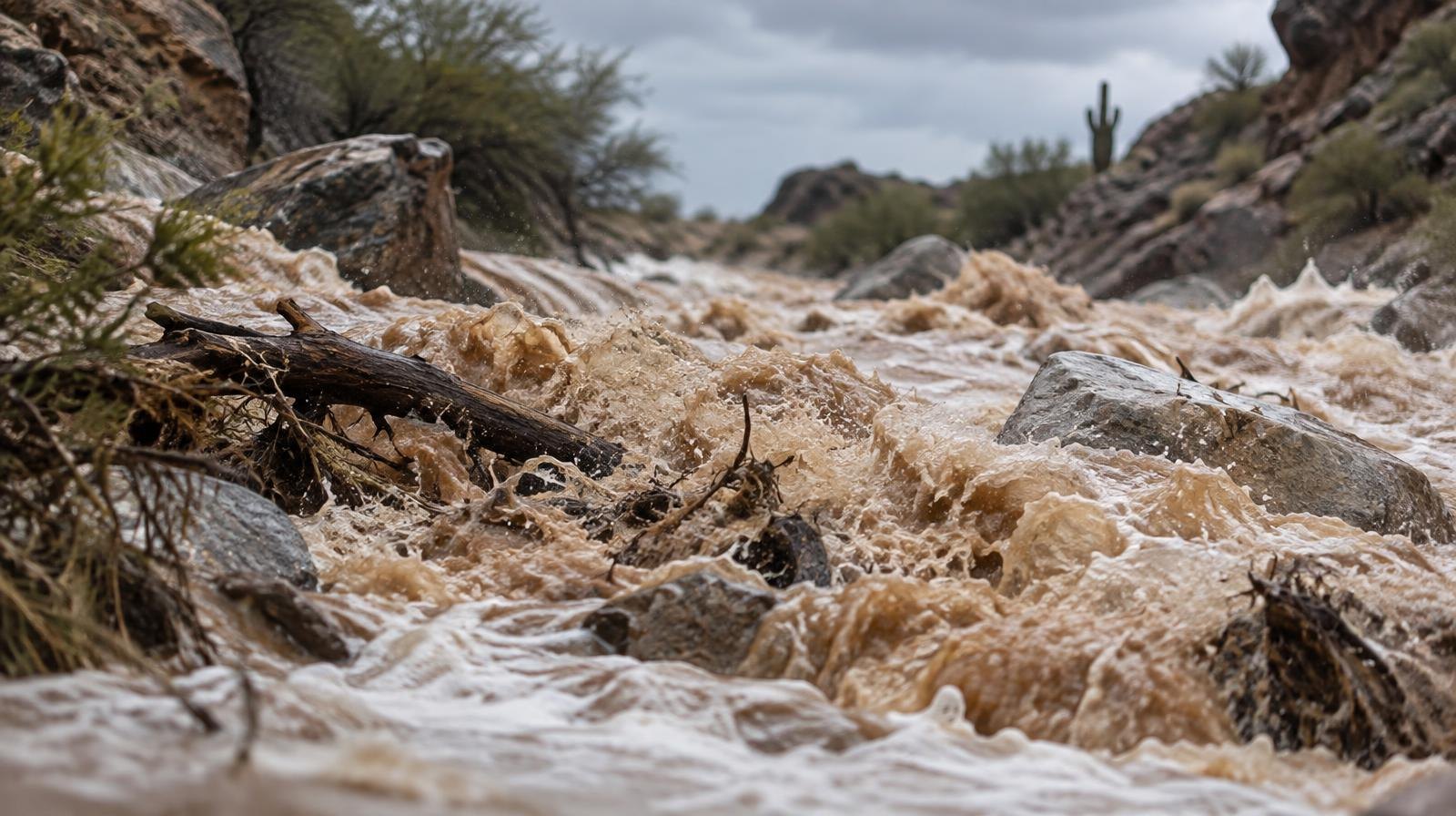 Brown floodwater rushing through a rocky desert canyon carrying debris and foam.