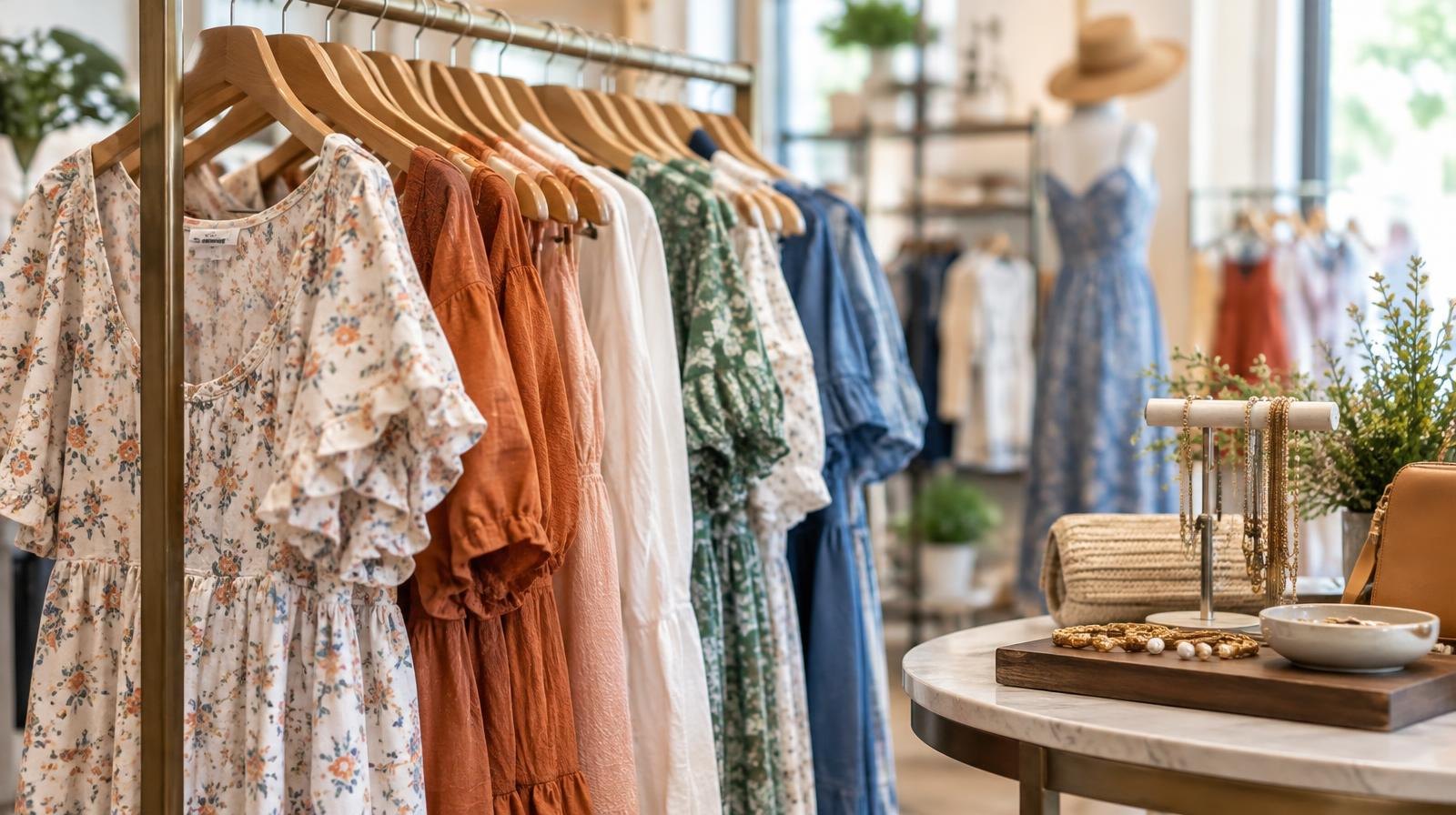 Colorful dresses and tops on a clothing rack with accessories nearby.