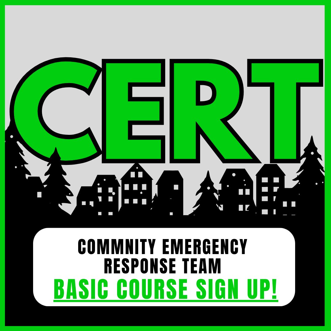 Promotional flyer with large green letters spelling CERT over a city silhouette.