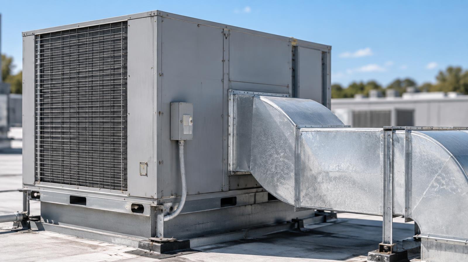 Large commercial HVAC rooftop unit with silver ductwork under a clear blue sky.