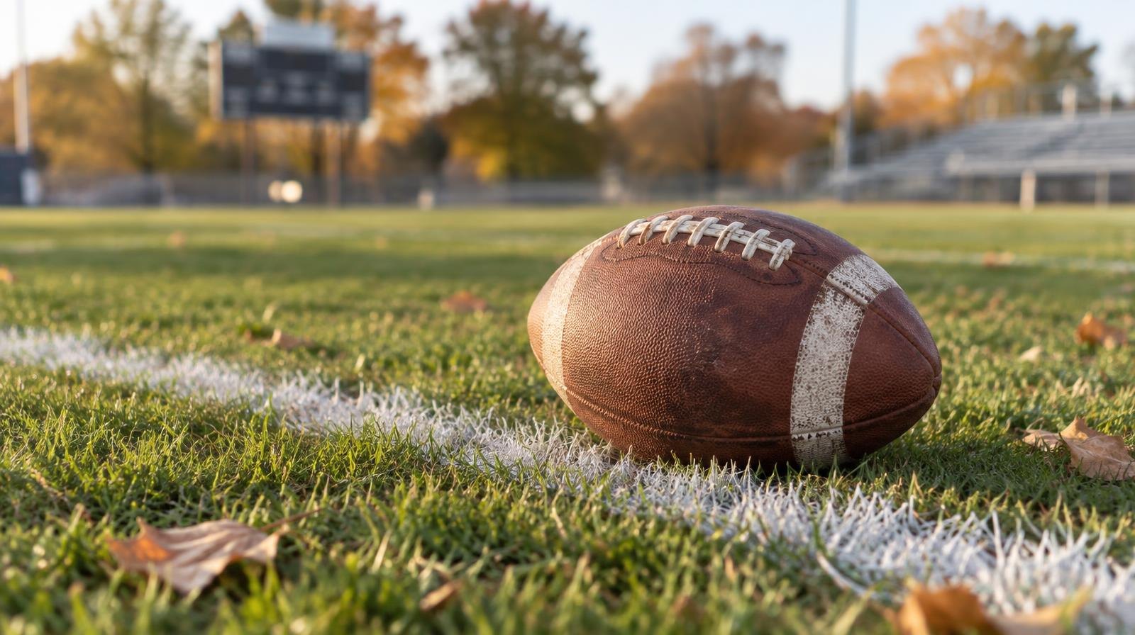 An American football resting on green grass beside a white yard line.
