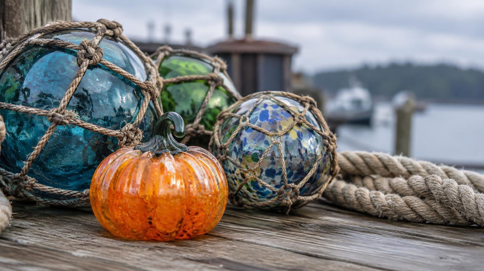Colorful glass floats and a small orange glass pumpkin on a weathered wooden dock beside coiled rope.