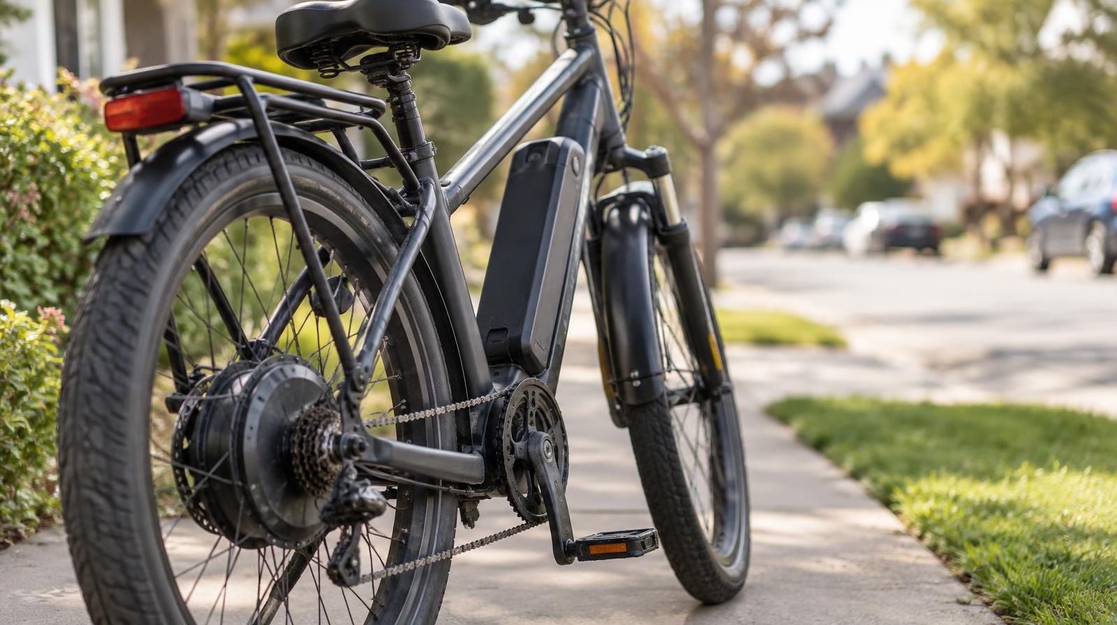 Electric bicycle with visible motor hub and battery pack parked on a sidewalk.