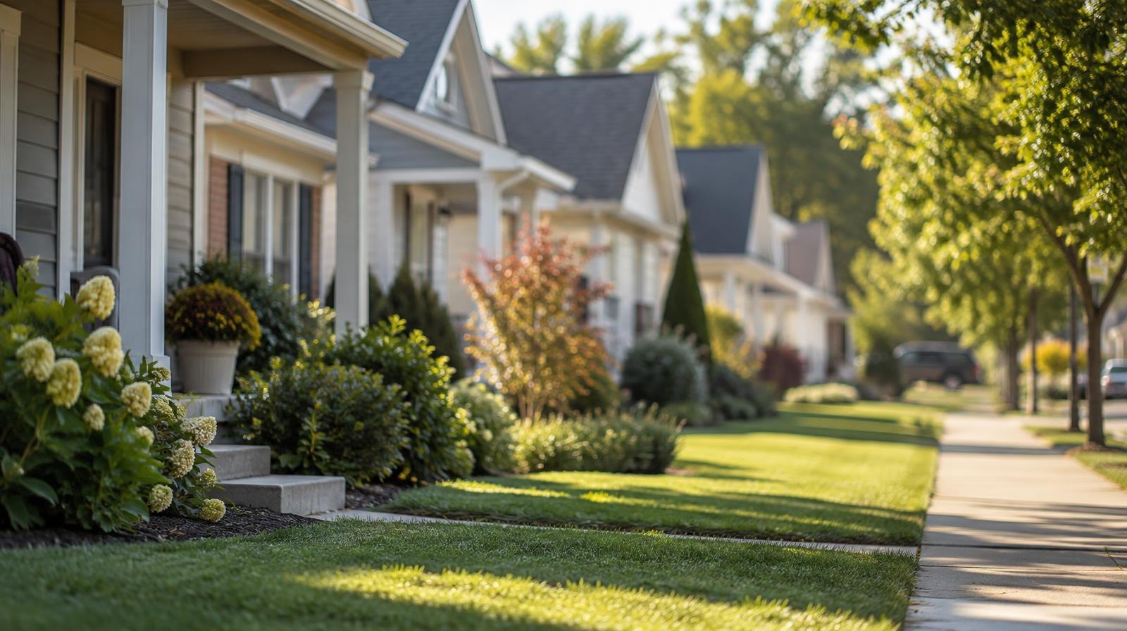 Row of modest single-story suburban homes with green lawns on a sunny street