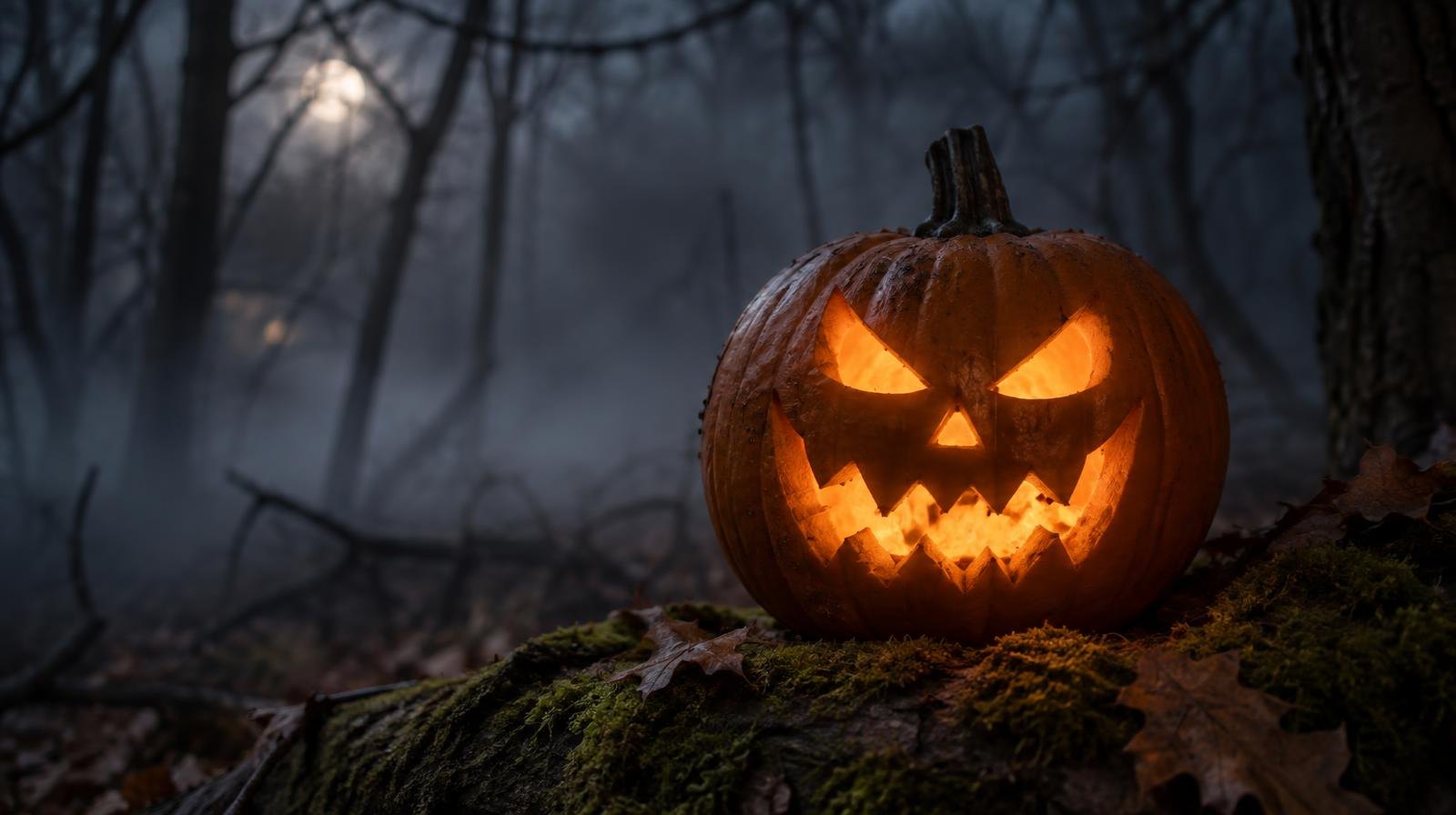 Glowing carved pumpkin on a log in a dark foggy forest at night.