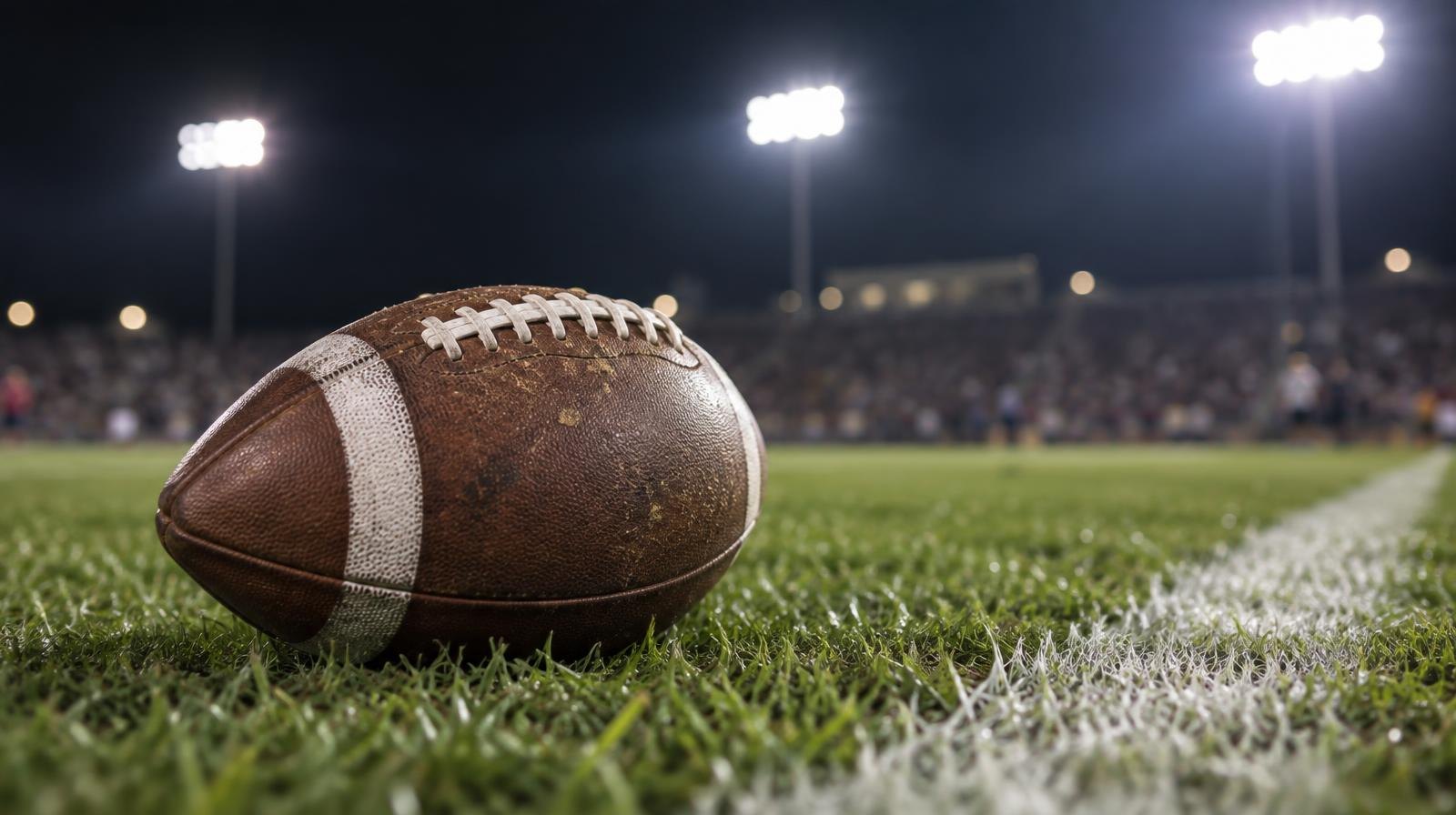 An American football resting on green grass near a white yard line under bright stadium lights at night.