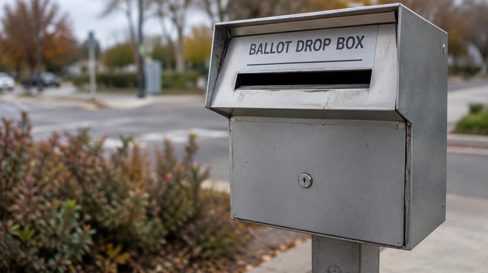 A sealed metal ballot drop box mounted on a post on a sidewalk.